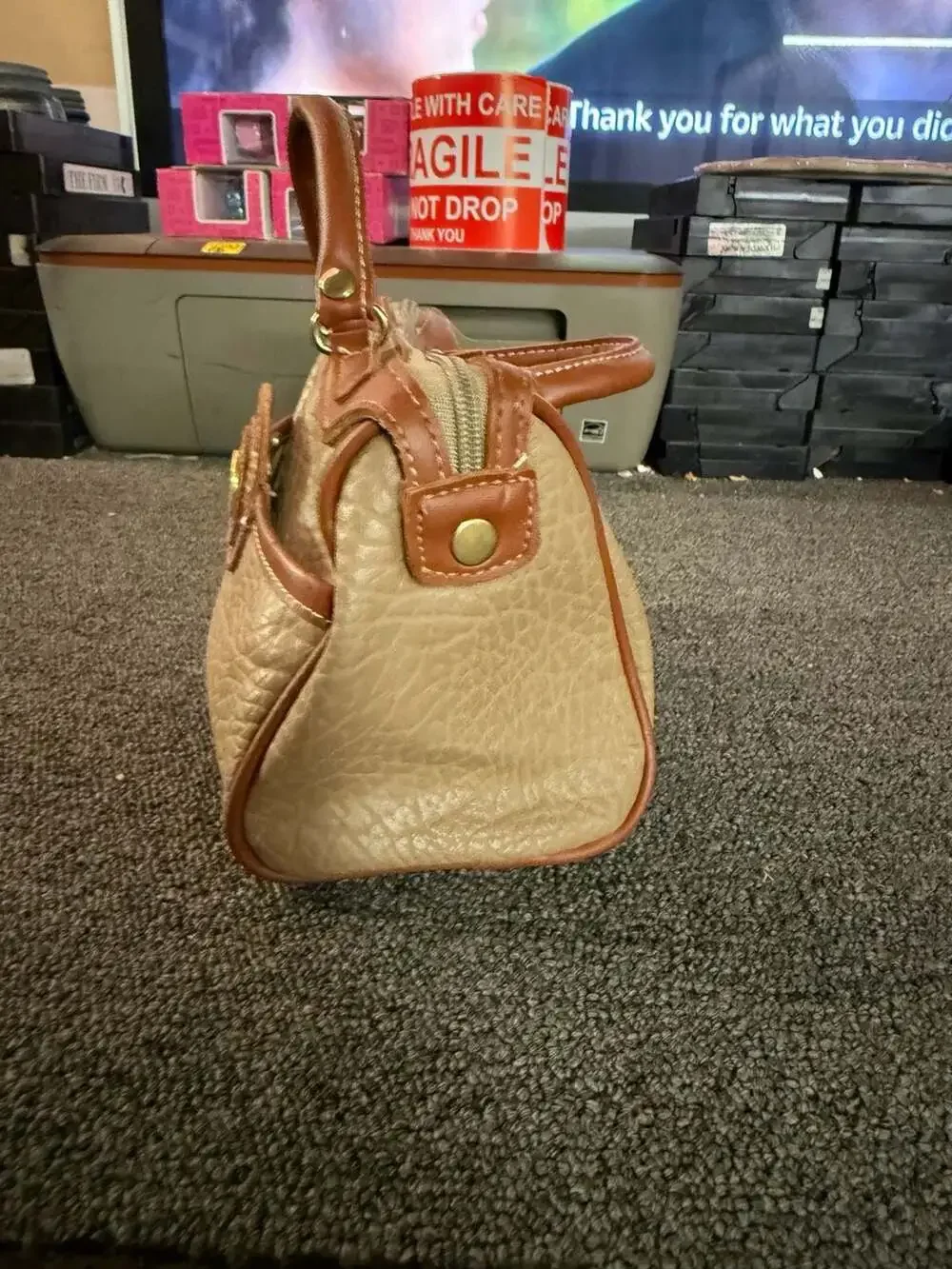 La Mode De Saison Vintage Taupe and Brown Leather Barrel Satchel Handbag